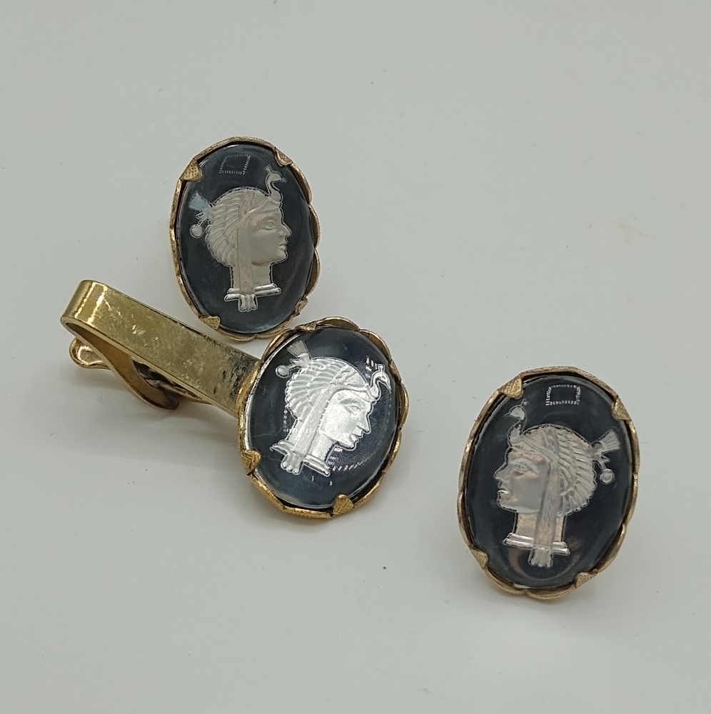 Egyptian Revival Lucite Dome Intaglio Cufflinks & Tie Clip Set Gold Tone Vintage
